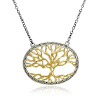 Sterling Silver Marcasite and Gold Plated Tree Oval Necklace, 16