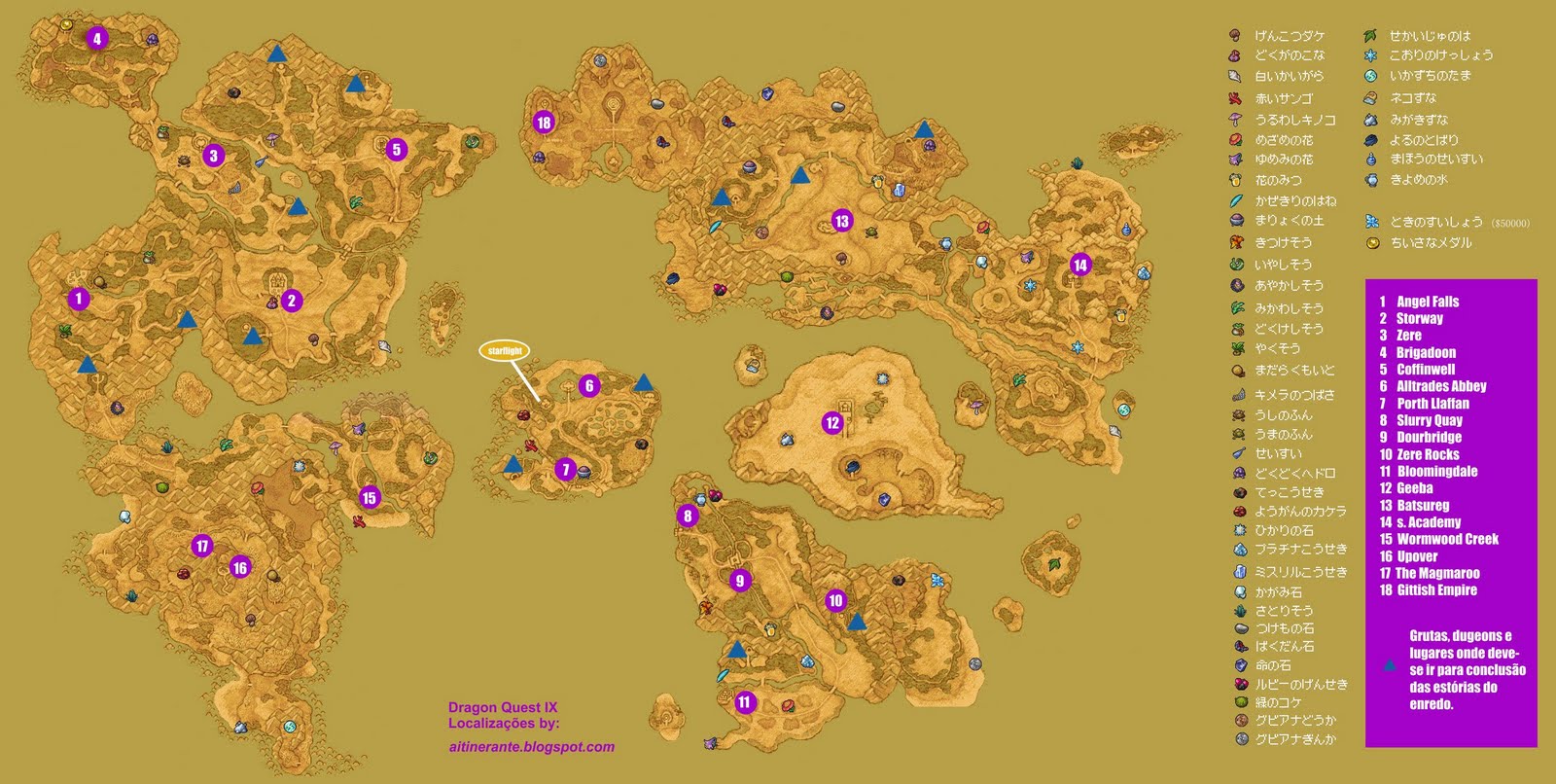 (Dragon Quest IX) Mapa com as localizações de cidades, grutas, dungeons e itens raros