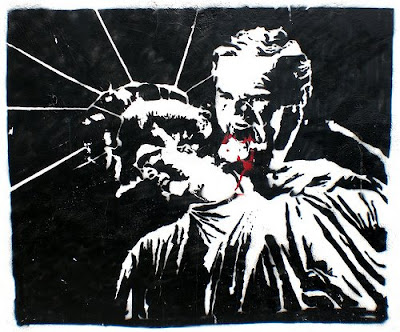 image of vampire Bush biting the bleeding neck of the statue of liberty