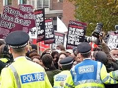 people protesting BBC giving free media time to Nazi