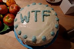 cake with WTF written on it