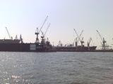 The very busy port at Hamburg which empties out to the North Sea
