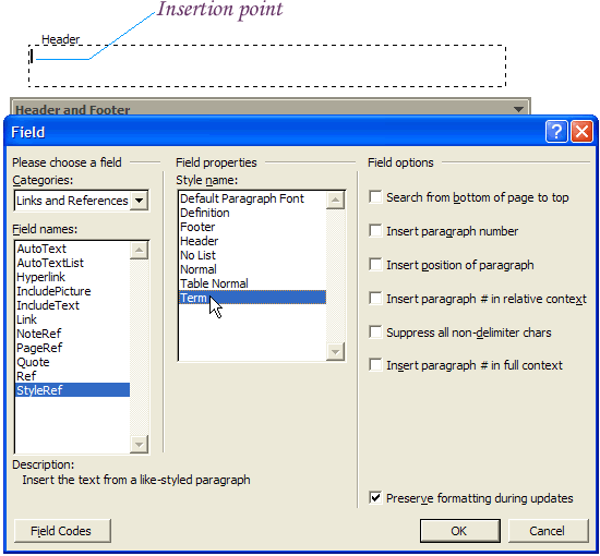 Create a DictionaryStyle Page Header, Styles