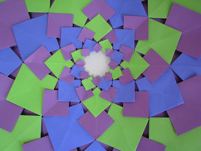 Tomoko Fuse's Origami Quilt Blooming Flowers 1 in Green, Blue, and Purple close up