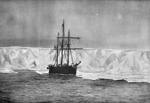 The ship Terra Nova arriving at the Bay of Whales in 1910, to find the Norwegian expedition. (Caption from `The South Pole Ponies' by Theodore K Mason, 1979, page 133). Photographed from `Fram', the ship of Amundsen, by an unidentified photographer.
