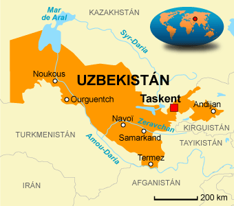 Ubicación de Taskent en el mapa de Uzbekistán