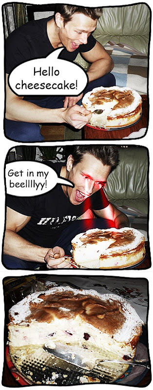 Comic strip of Martin telling a cheesecake to get in his belly!