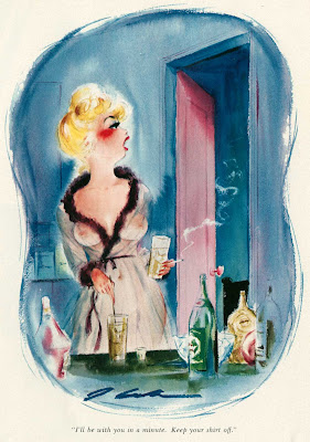 Playboy cartoon of woman in see through wrap in bathroom drinking and smoking cigarette