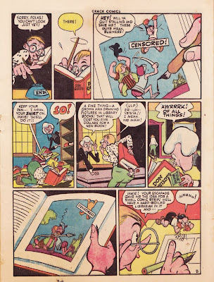 A cartoon spinster librarian is shown in this comic book page from 1944.