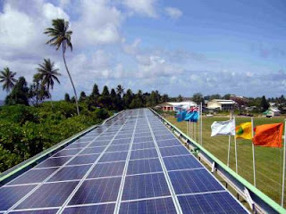 The first major solar system in Tuvalu, atop the stadium roof in the capital, Funafuti, is the first step towards a national goal of being powered entirely by renewable energy.