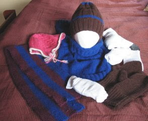 knitted mittens, hat, gator, scarf