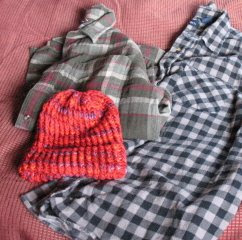 knitted hat, flannel shirts