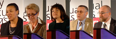 left to right: Patricia Scotland, Dru Sharpling, Barbara Follett, Richard Kirker and Stephen Whittle.