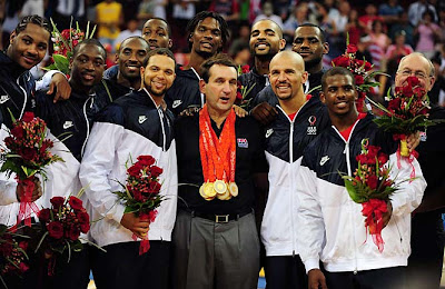 The USA Men's Basketball Olympic Team with Head Coach Mike Krzyzewski Celebrating Their Winning of Olympic Gold