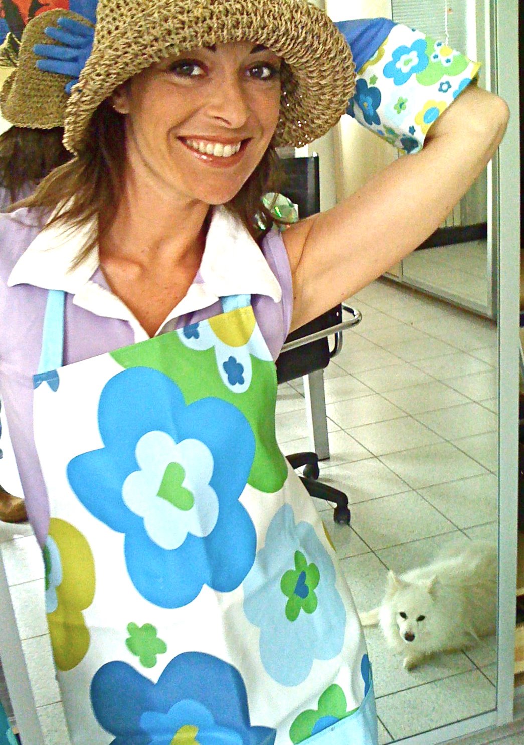 monika rubbermaid goddess in white rubber apron