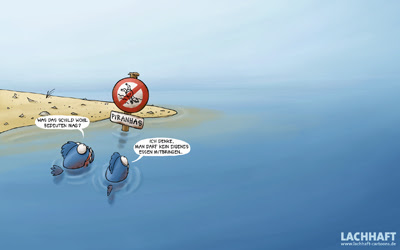 Lachhaft Cartoons Desktop image Wallpaper Schreibtisch hintergrund Piranhas Picknick Schild essen mitbringen Strand Meer download kostenlos gratis free