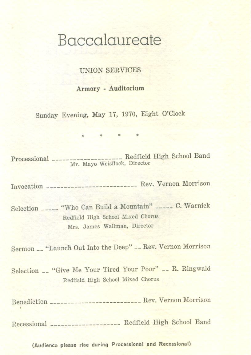 Redfield High School Class of 1970 40 Year Reunion Graduation Program
