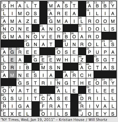 Rex Parker Does the NYT Crossword Puzzle: Rambo's drive / WED 1-19-11 /  Locale for lashing / Dory's affliction in Finding Nemo / Onetime Sixers  great / Like prefall Humpty Dumpty