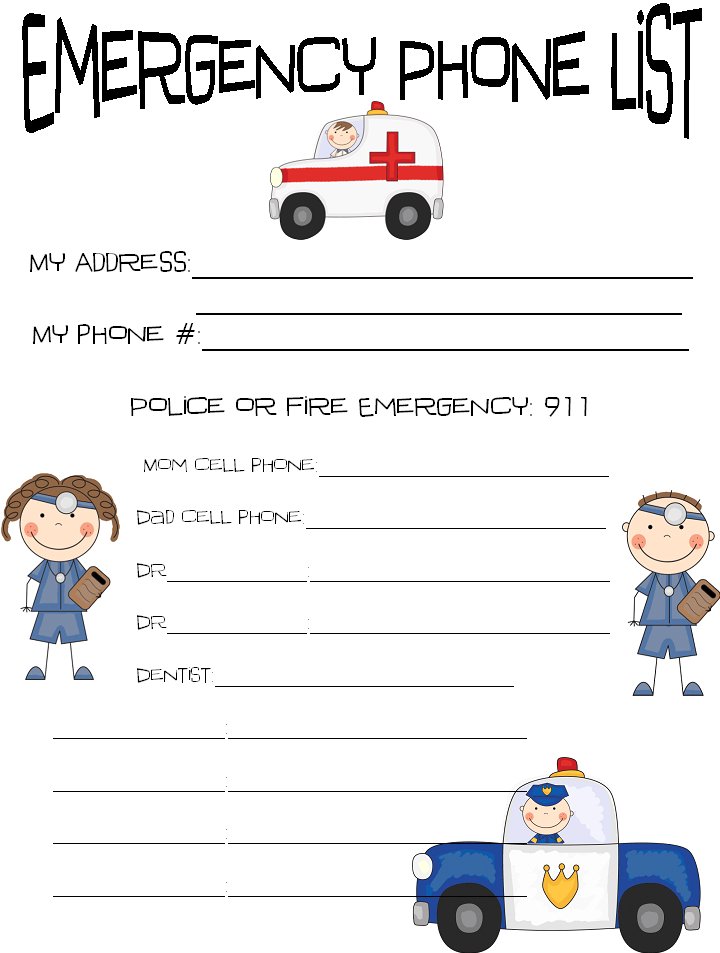Emergency Phone Numbers Worksheet