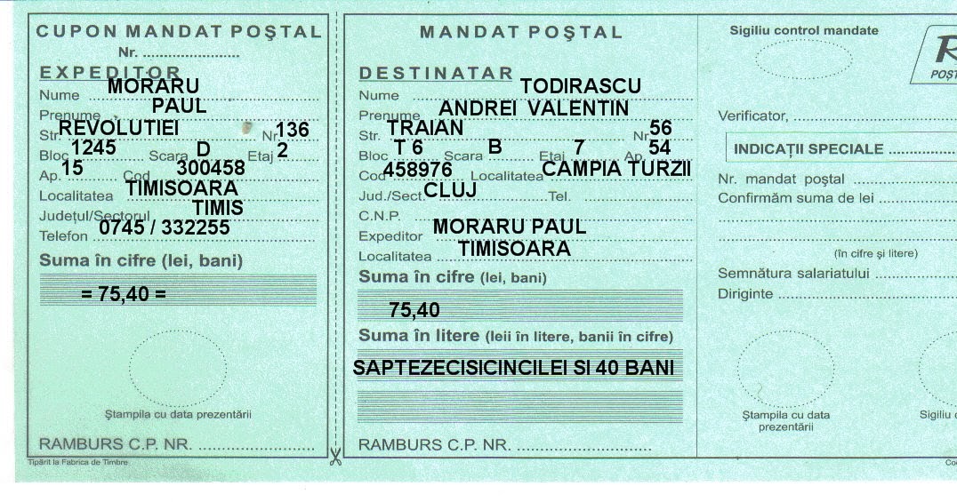 Servicii posta Romania Scrisori,mandate,colete,reclamatii,coduri postale Mandat poştal intern