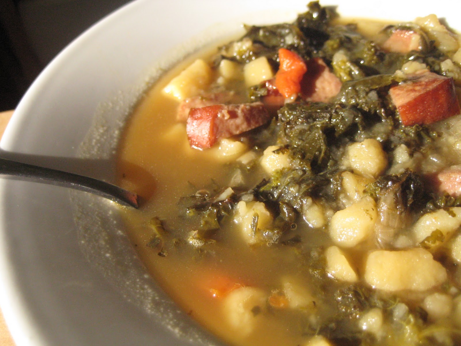 What Julia Ate Kielbasa Potato Soup with Caramelized Onions and Kale Chips