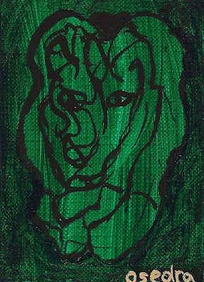 surreal ACEO original acrylic painting green lion canvas paper