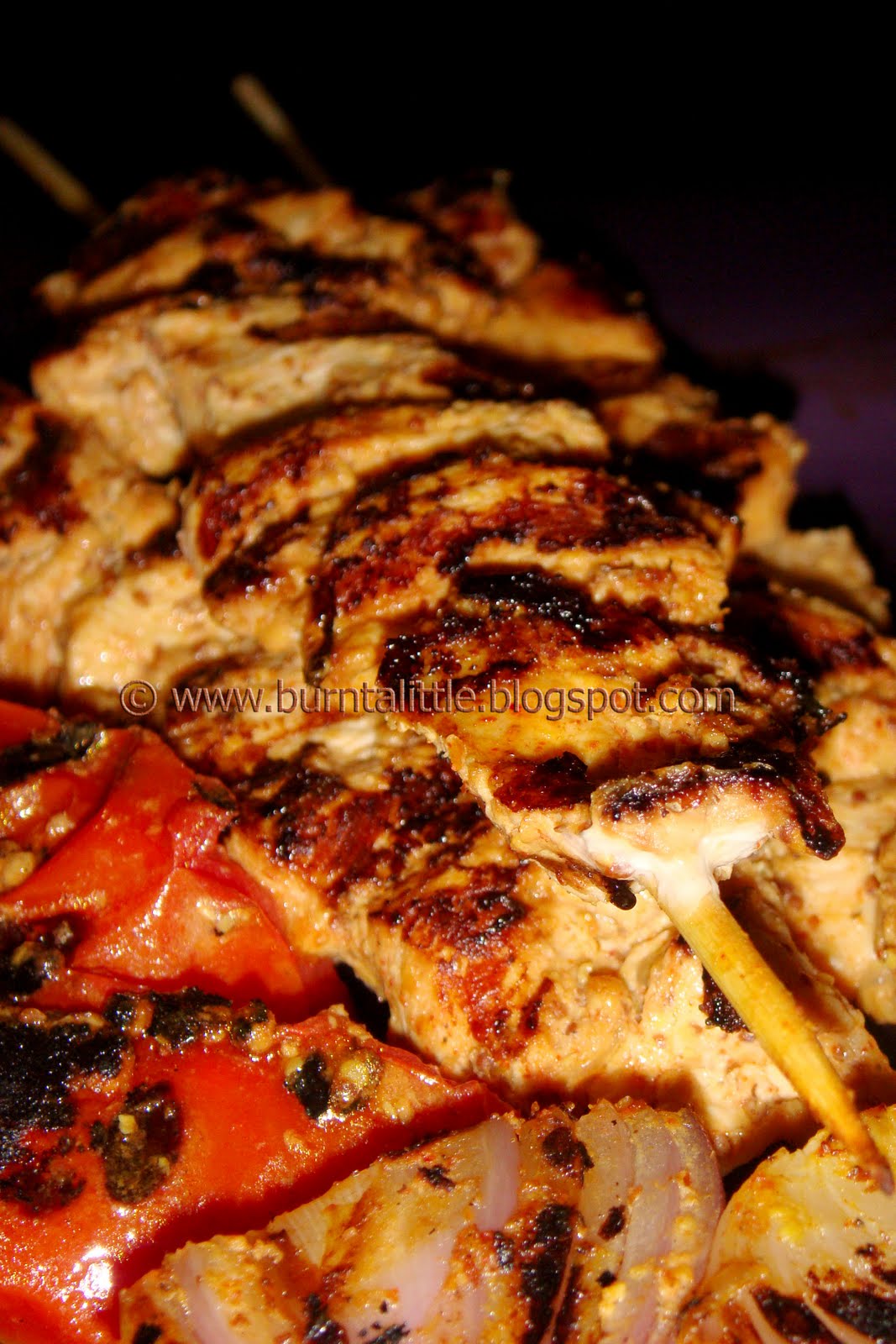 Burnt A Little Chicken Kebabs with Mustard & Roast Tomato