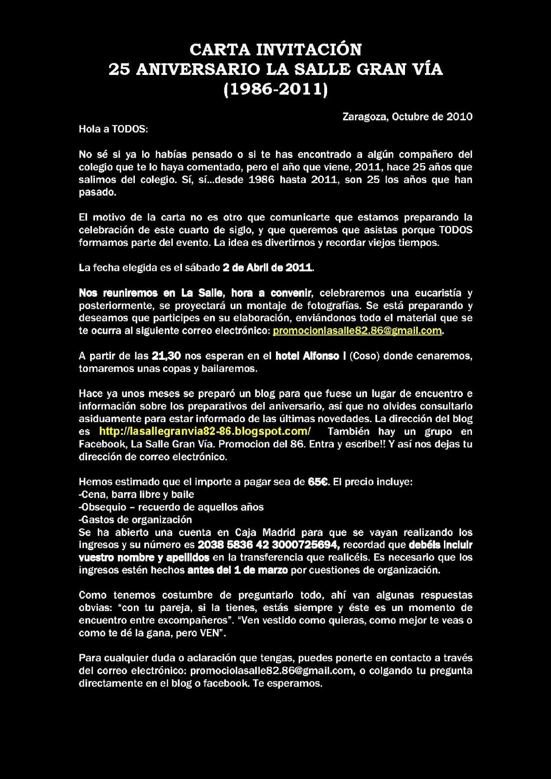 La Salle Gran Vía. Promoción 8286 Carta de invitación para todos