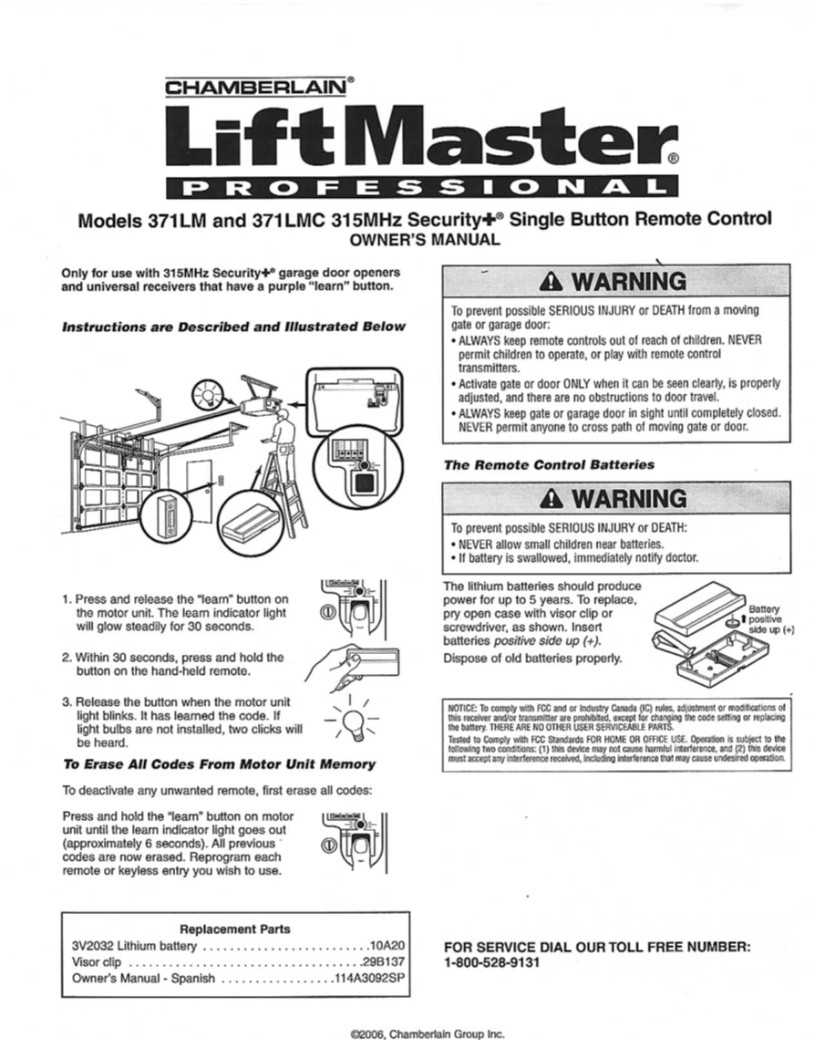 Liftmaster Remotes Instructions 371LM Liftmaster Remote
