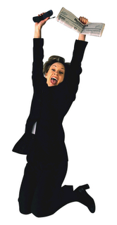 picture of a woman in a business suit jumping for joy