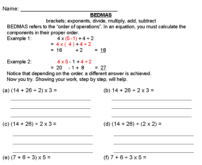 Grade 7 Math Worksheets Bedmas