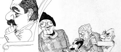 Caricatura de Sábat: Raúl Alfonsín sentado en el sillón presidencial; detrás lo empujan Aldo Rico, Jorge Rafael Videla, Roberto Viola, Leopoldo Fortunato Galtieri y Reynaldo Bignone. 