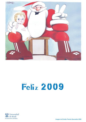 Tarjeta de Felices Fiestas del Programa de Humor Gráfico de la Fundación General de la Universidad de Alcalá con viñeta de Ziraldo (Premio Quevedos 2008)