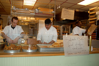 View of the open kitchen - fried chicken sandwich prep