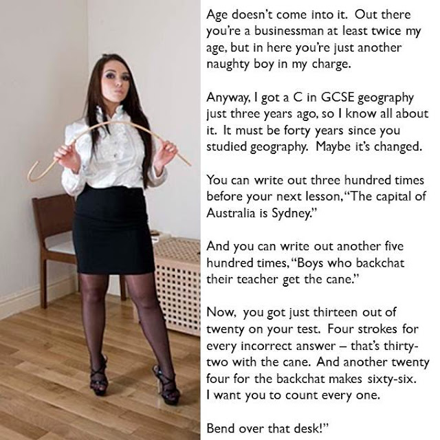 femdom caption dominatrix schoolteacher with cane