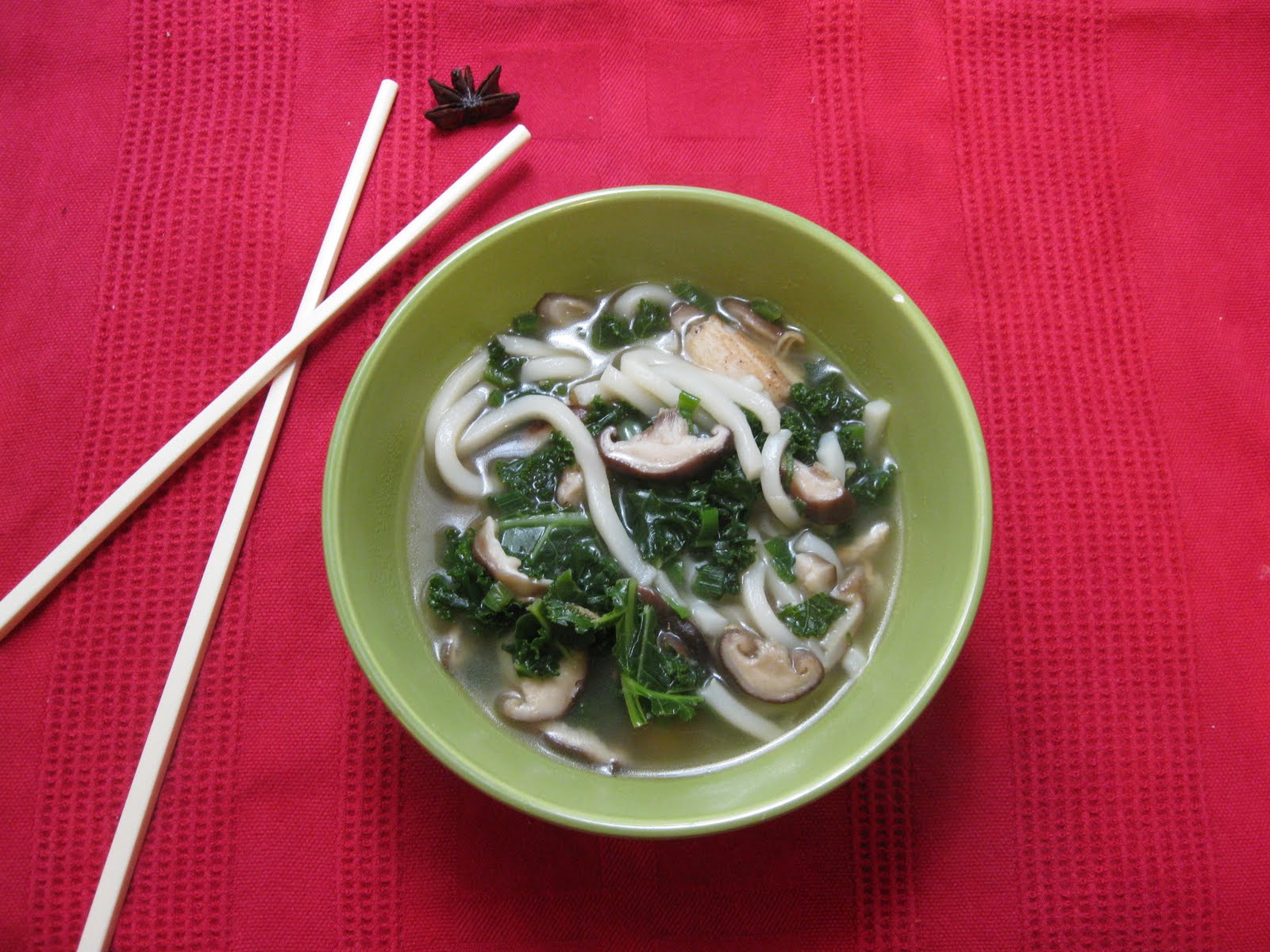 Crash in the Kitchen Udon Noodle Soup with Mushrooms and Kale
