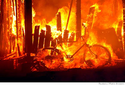 Image of bicycle burning in San Diego area fire of 2007