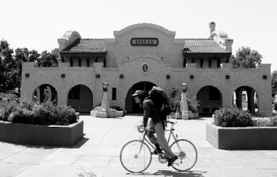 Image of a bicyclist at the train station in Davis, California