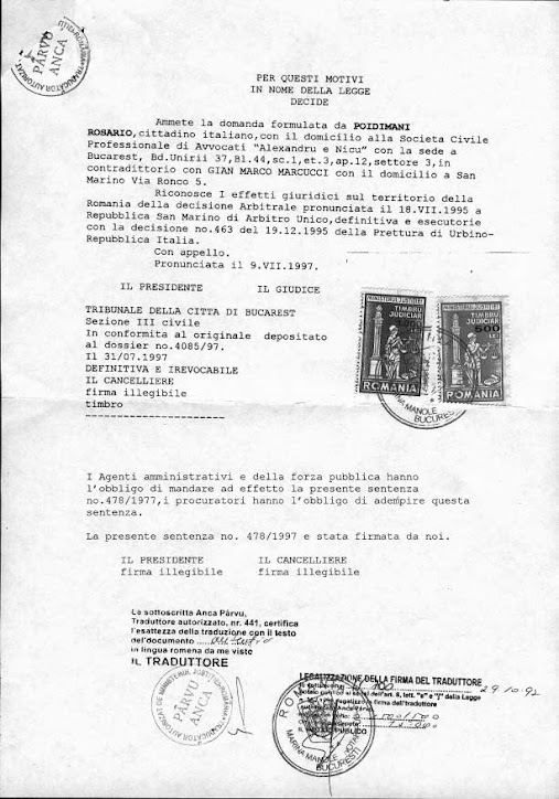 SENTENZA DEL TRIBUNALE DI BUCAREST, ROMANIA