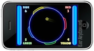 iphone with pong game circle on screen in multi colours
