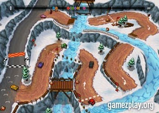 driift game screenshot showing snow track with cars racing round