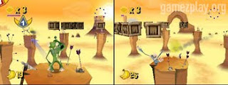 side by side screens of monkeys standing on desert rocks in bow and arrow game 