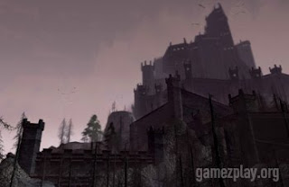 dark castle with bats flying around