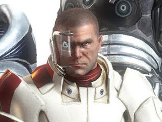 man in space suit with visor and eye magnifier