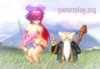 sexy anime girl in very small bikini blindfold with sword and ninja master stand beside her in long grass