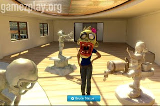 zombie in gallery surrounded by statues