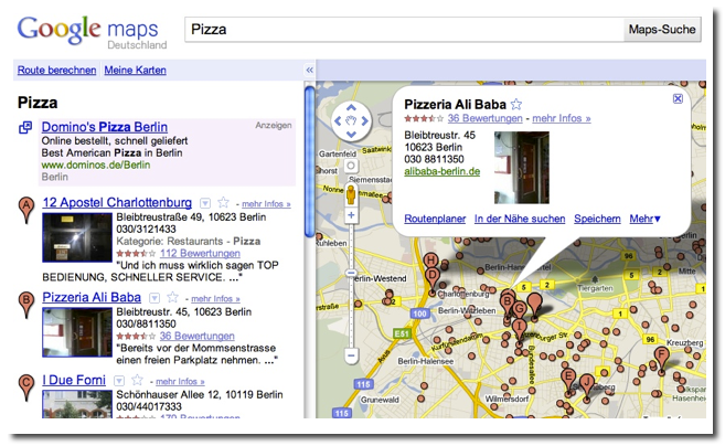 Beispielergebnis fuer Pizzerias in Google Places