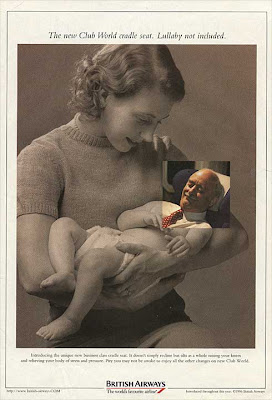 British Airways full-page ad showing a vintage photo of a young mother cradling an infant. The baby's head has been replaced with a color photo of a white-haired man's head. He's asleep