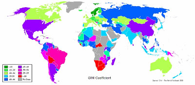 World map with countries color-coded to reflect Gini coefficient