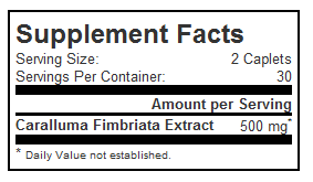 Close up of ingredients, saying it contains 500 mg of Caralluma fimbriata extract